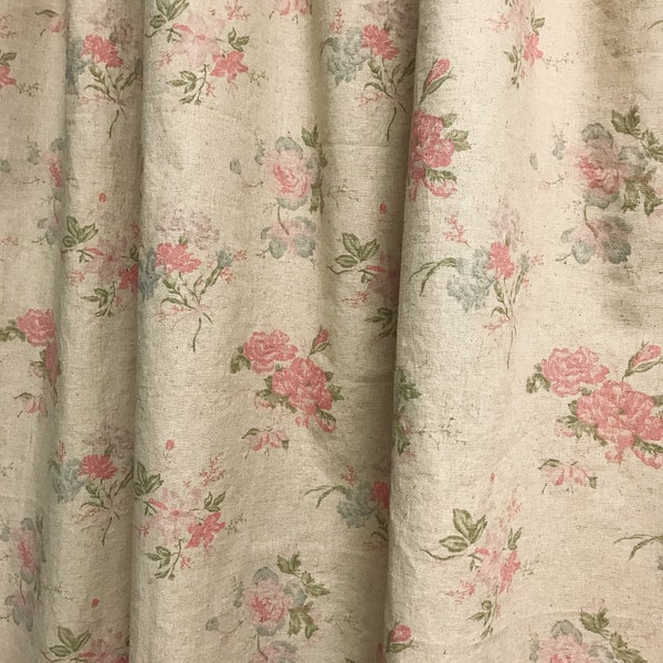 Modern Vintage Pink Light Blue Gray Floral Pattern Washed Linen Cotton Curtain Raw Natural Background Drapery 53Width Various Custom Lengths