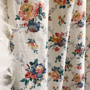 Modern Vintage Mustard Coral Pink Floral Pattern Washed Linen Cotton Curtain White Background Drapery 52 Width Various Lengths Custom Drapes