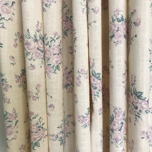 Modern Vintage Pale Lilac Roses Pattern Washed Cotton Curtain Natural Beige Background Drapery Panel 53 Width Various Lengths Custom Drapes