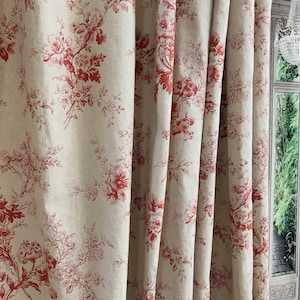 Modern Vintage Red Floral Pattern Bio Washed Linen Cotton Curtain Raw Natural Linen Background Drapery Panel 53 Width Various Custom Lengths image 4