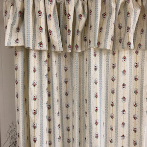 Modern Vintage Red Floral Pattern with Yellow Vertical Stripes Washed Cotton Curtain Light Natural Beige Background 53 Width Various Lengths