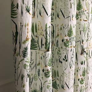 Modern Vintage Green Plants Pattern Washed Linen Cotton Curtain White Background Drapery Panel 53 Width Various Lengths Custom Drapes