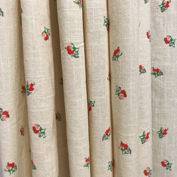 Modern Vintage Scarlet Red Pink Tiny Floral Pattern Cotton Curtain Natural Beige Background Drapery 53 Width Various Lengths Custom Drapes