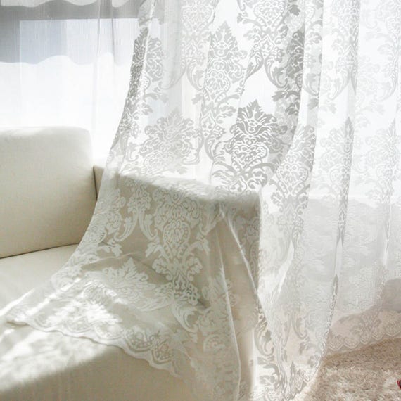 Damask Accents Embroidered White Sheer Voile Curtain  Etsy