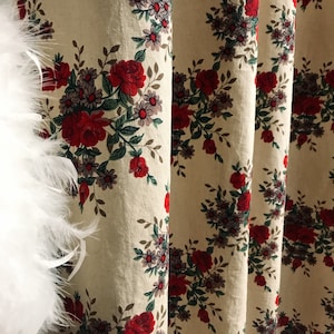 Modern Vintage Dark Red Floral Pattern Washed Linen Cotton Curtain Raw Natural Linen Background Drapery Panel 53Width Various Custom Lengths