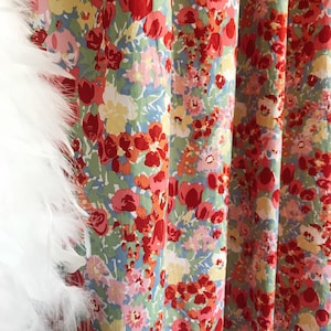 Modern Vintage Vivid Red Pink Coral and Multi-color Floral Pattern Cotton Curtain Drapery Panel 53 Width Various Lengths Custom Drapes
