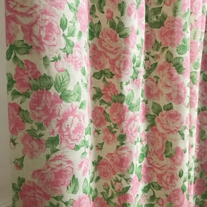 Modern Vintage Pink Roses Pattern Washed Cotton Curtain Natural Beige Background Drapery Panel 53 Width Various Lengths Custom Drapes