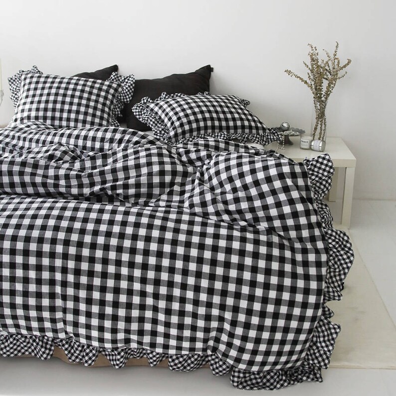 Gingham Frilled Duvet Cover Cotton Bedding Ruffle Twin Image 0