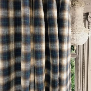 Modern Vintage Deep Brown Indigo Blue Plaid Check Washed Cotton Curtain Beige Background Drapery Panel 53Width Various Lengths Custom Drapes