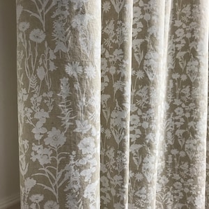 White Floral Pattern Washed Linen Cotton Curtain Natural Beige Background Drapery Panel 53 Width Various Lengths Custom Drapes