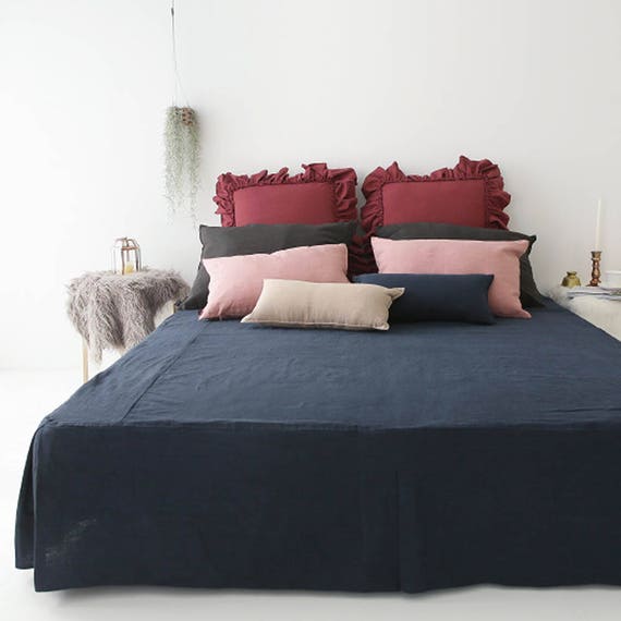 Navy Bedskirt Tailored Linen Box Pleated Natural Image 0