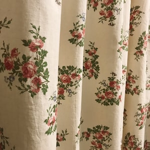 Modern Vintage Brown Pink Roses Floral Pattern Washed Cotton Curtain Natural Beige Background Drapery 53 Width Various Lengths Custom Drapes