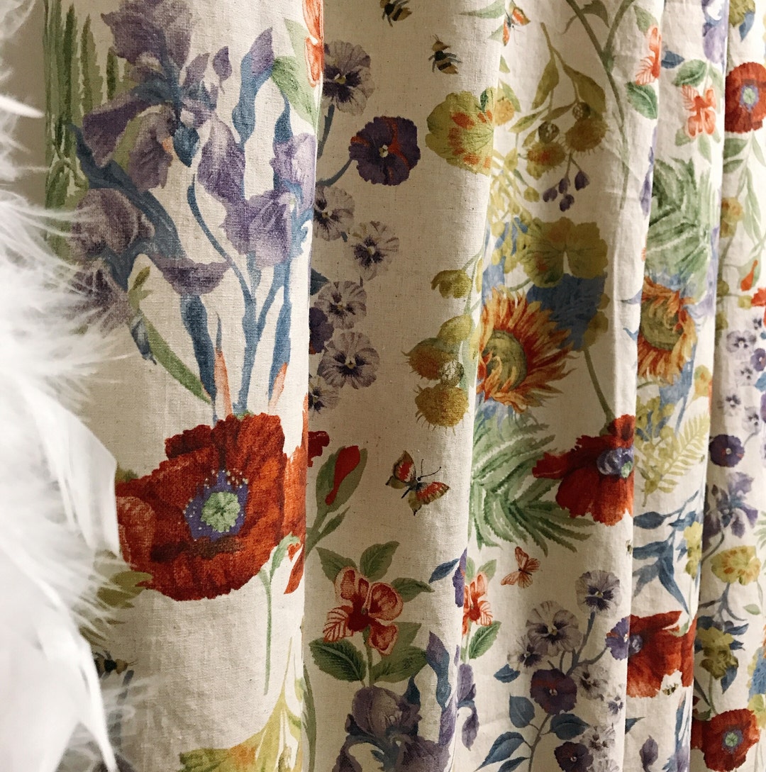Modern Vintage Poppies Geraniums Pattern Washed Linen Cotton Curtain