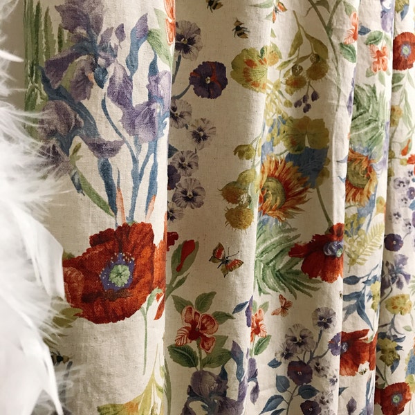 Modern Vintage Poppies Geraniums Pattern Washed Linen Cotton Curtain Natural Beige Background Drapery 53 Width Various Lengths Custom Drapes