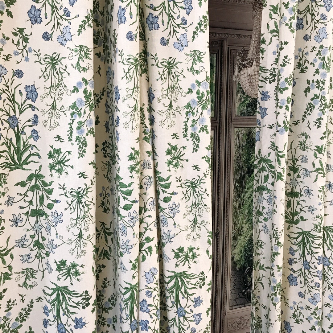 Modern Vintage Light Sky Blue Floral Pattern Washed Linen Cotton Curtain  Pale Green Beige Background Drapery Panel 53 Width Various Lengths 