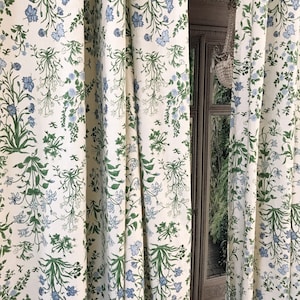 Modern Vintage Light Sky Blue Floral Pattern Washed Linen Cotton Curtain Pale Green Beige Background Drapery Panel 53 Width Various Lengths