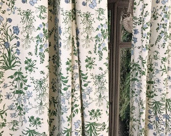 Modern Vintage Light Sky Blue Floral Pattern Washed Linen Cotton Curtain Pale Green Beige Background Drapery Panel 53 Width Various Lengths