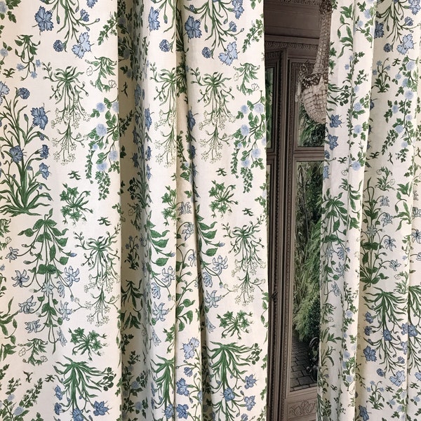 Modern Vintage Light Sky Blue Floral Pattern Washed Linen Cotton Curtain Pale Green Beige Background Drapery Panel 53 Width Various Lengths