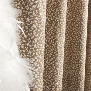 Modern Vintage White Tiny Floral Pattern Cotton Curtain Natural Mocha Brown Background Drapery Panel 39 Width Various Lengths Custom Drapes