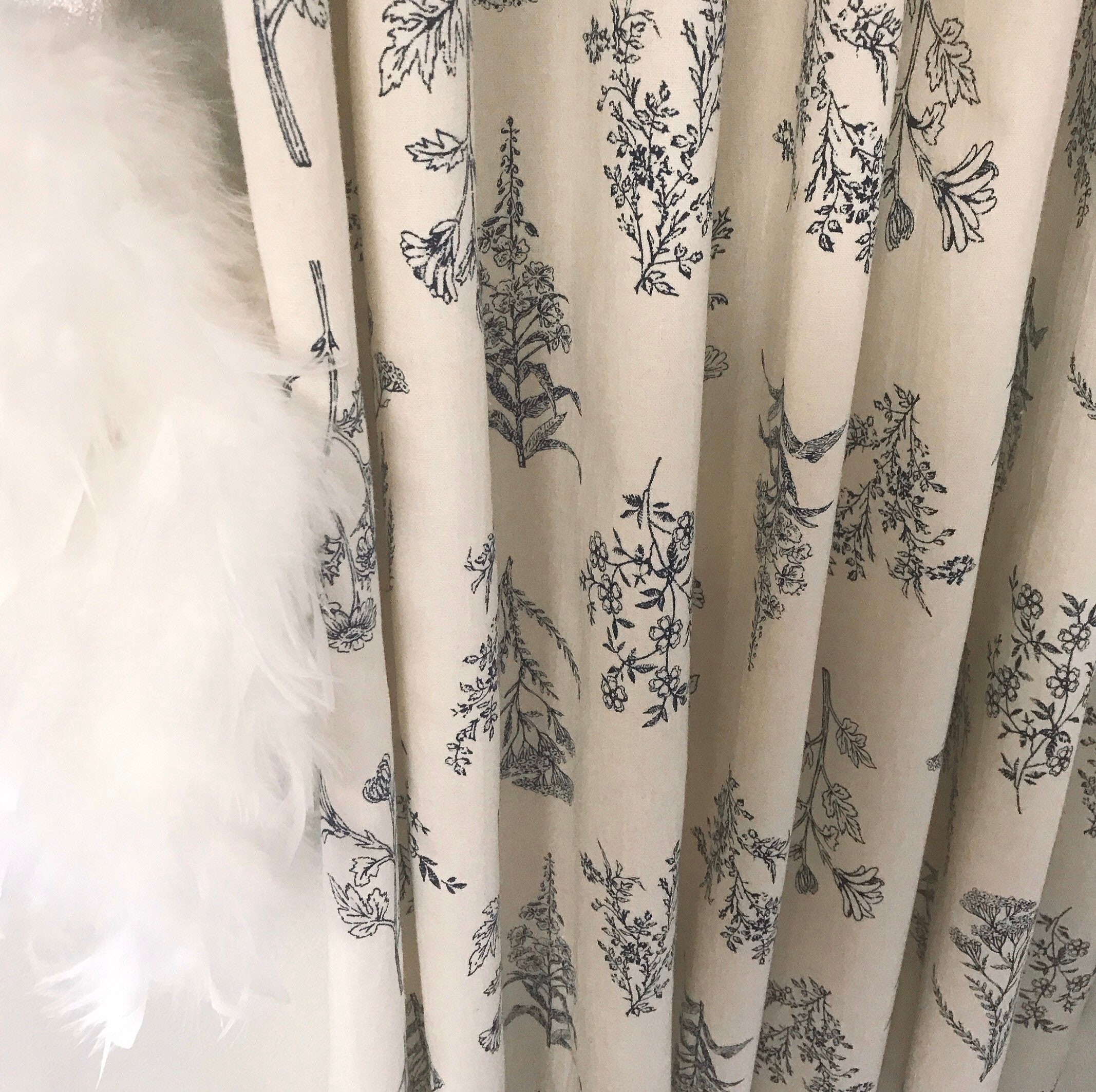 Vintage Navy Blue Botanical Washed Linen Curtain Oatmeal Raw Etsy