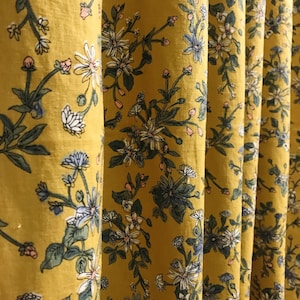 Modern Vintage Mustard Background Multi-color Floral Drawing Patterned Washed Linen Cotton Curtain Drapery 53 Width Various Custom Lengths