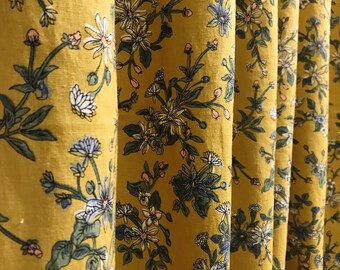 Modern Vintage Mustard Background Multi-color Floral Drawing Patterned Washed Linen Cotton Curtain Drapery 53 Width Various Custom Lengths