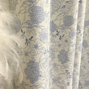 Modern Vintage Light Blue Floral Patterned Cotton Curtain White Background Drapery Panel 39 in Width Various Lengths Custom Drapes
