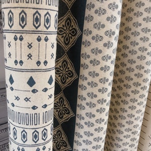 Modern Vintage Faded Indigo Blue Geometric Pattern Linen Cotton Curtain Natural Beige Background Custom Drapery 53 Width Various Length