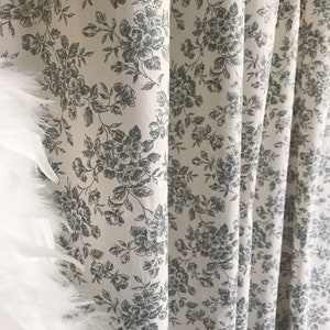 Modern Vintage Grey Floral Pattern Soft Cotton Curtain Ivory Background Drapery Panel 53 Width Various Lengths Custom Drapes