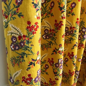 Modern Vintage Wildflower Pattern Bio Washed Linen Cotton Curtain Mustard Background Drapery Panel 53 Width Various Lengths Custom Drapes