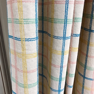 Modern Vintage Blue Yellow Pink Green Check Plaid Washed Linen Cotton Curtain Beige Background Drapery 53Width Various Lengths Custom Drapes