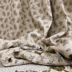Modern Vintage Blue Deep Green Tiny Floral Washed Linen Cotton Curtain Natural Beige Background Drapery Panel 53Width Various Custom Lengths
