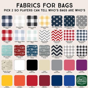 May include: A chart showing 24 different fabric patterns for bags. The fabrics include plaids, polka dots, stars, arrows, chevrons, gingham, and solid colors. The text at the top of the chart reads "FABRICS FOR BAGS PICK 2 SO PLAYERS CAN TELL WHO'S BAGS ARE WHO'S".