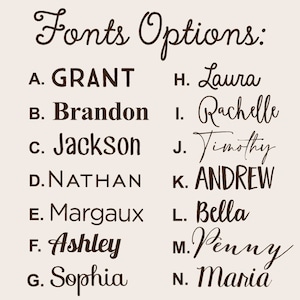 May include: A chart with the text "Fonts Options:" at the top. The chart lists 14 different font styles, each with a letter and a name. The font styles are: A. GRANT, B. Brandon, C. Jackson, D. NATHAN, E. Margaux, F. Ashley, G. Sophia, H. Laura, I. Rachelle, J. Timothy, K. ANDREW, L. Bella, M. Penny, and N. Maria.