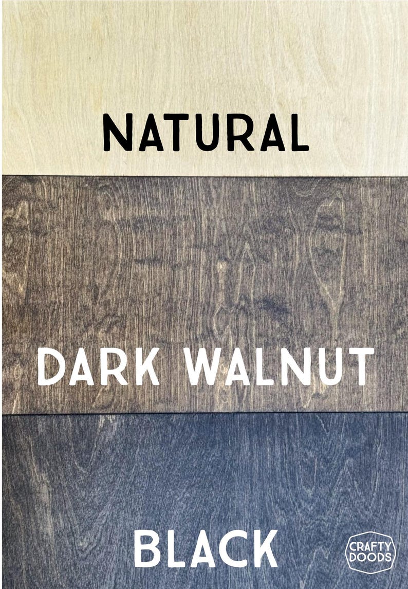 May include: Three wood samples showing different stain colors: natural, dark walnut, and black. The wood is smooth and has a natural grain pattern.