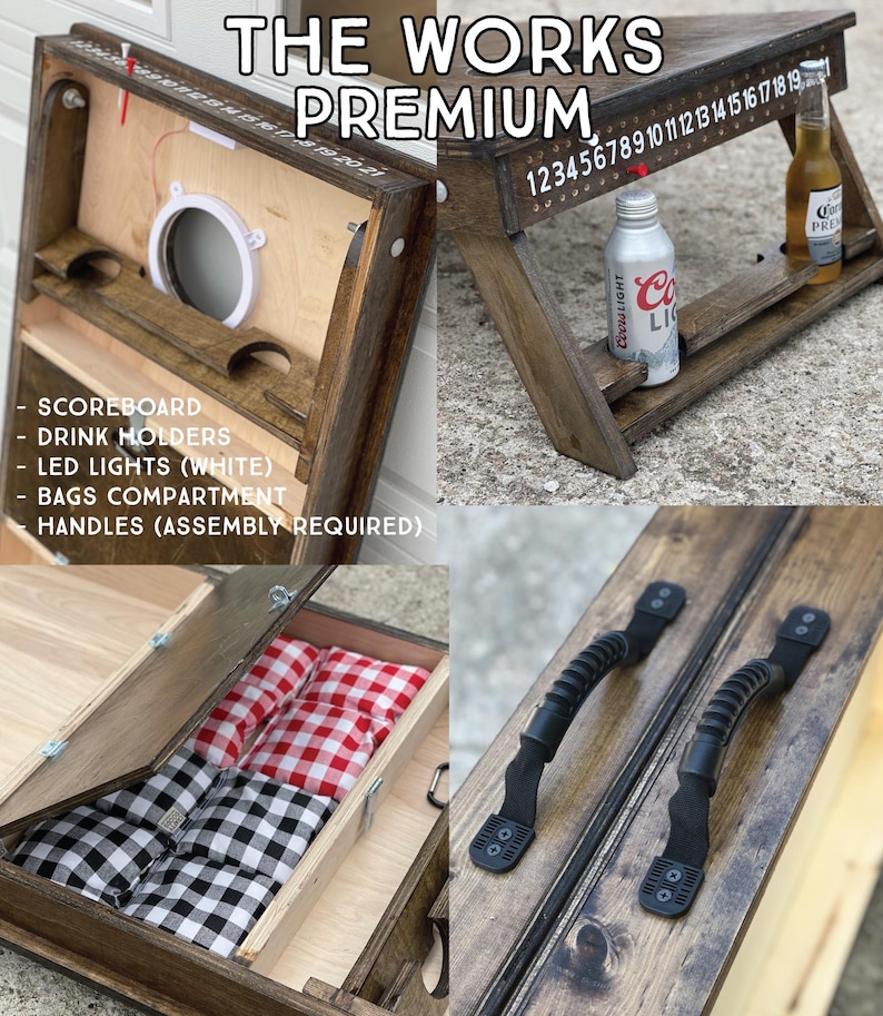 May include: A wooden cornhole game with a scoreboard, drink holders, LED lights, and a compartment for bean bags. The game is labeled "The Works Premium" and has numbers 1 through 19 on the side. The game also has two black handles.