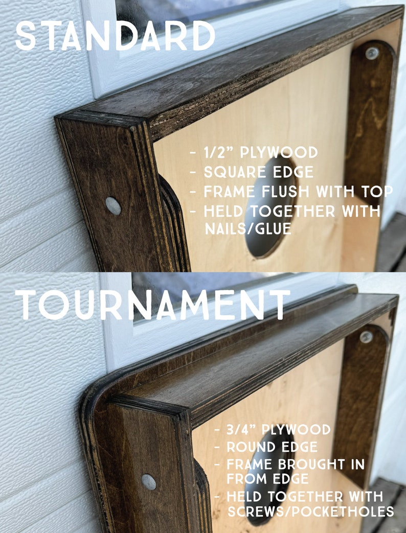 May include: Two wooden cornhole boards, one labeled "STANDARD" and the other "TOURNAMENT". The "STANDARD" board is made with 1/2 inch plywood and has a square edge. The "TOURNAMENT" board is made with 3/4 inch plywood and has a rounded edge. Both boards have a frame that is flush with the top and are held together with nails or glue.