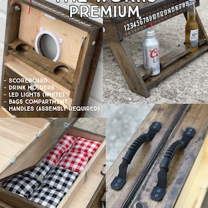 May include: A wooden cornhole game with a scoreboard, drink holders, LED lights, a compartment for bags, and handles. The game is labeled "The Works Premium".