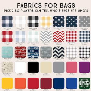 May include: A chart showing 24 different fabric patterns for bags. The fabrics include plaids, polka dots, stars, arrows, chevrons, gingham, and solid colors. The text at the top of the chart reads "FABRICS FOR BAGS PICK 2 SO PLAYERS CAN TELL WHO'S BAGS ARE WHO'S".