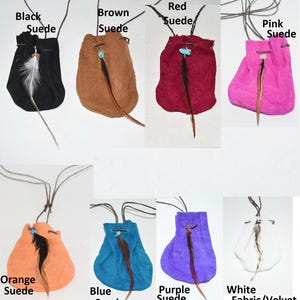 Suede Drawstring Pouch Necklace with feather- Suede Medicine Bag- Crystal Carrying Bag, Bag, Pouch, Protective Sack