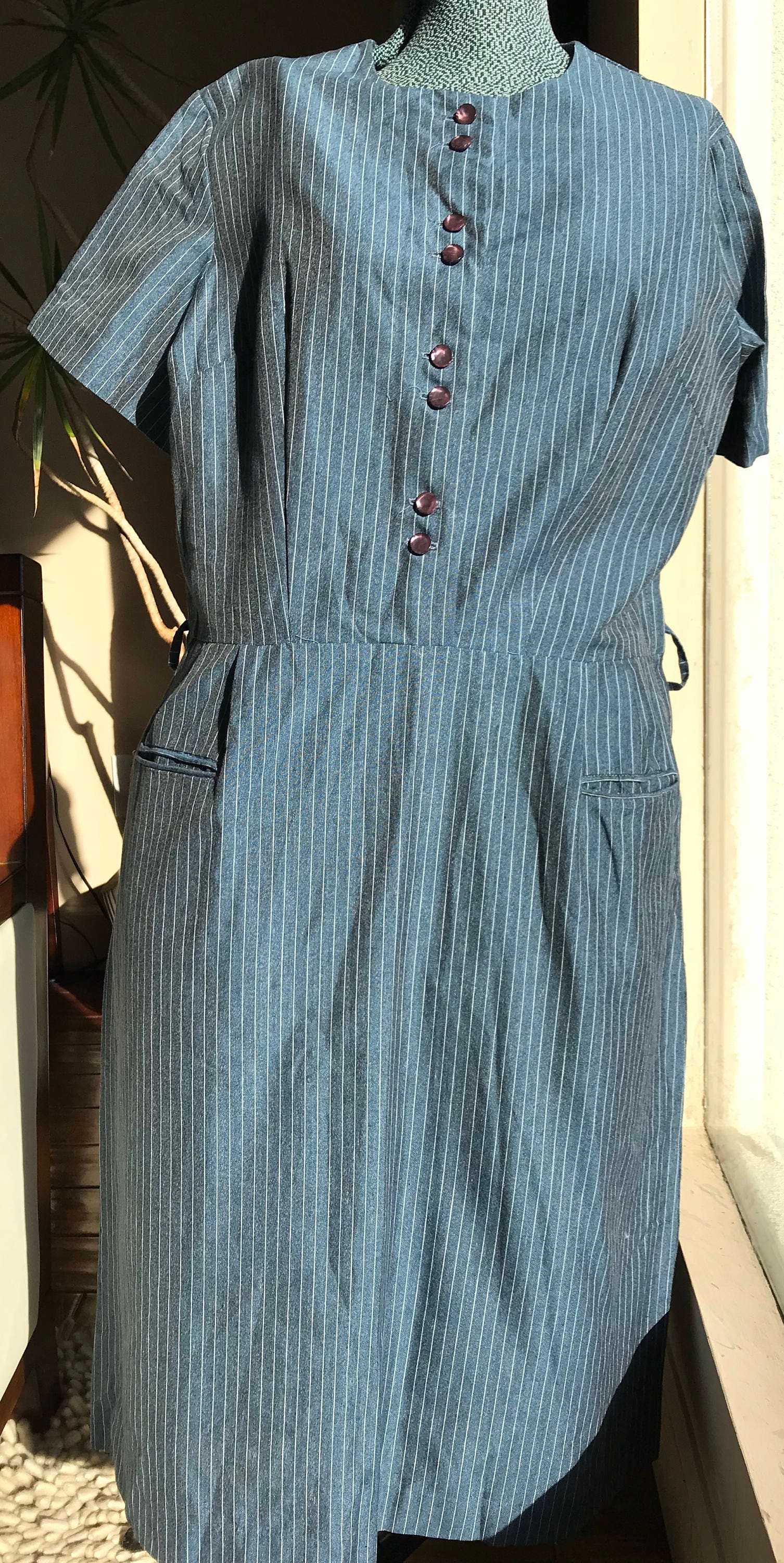 Vtg. 1960's Blue/gray Pinstripe Rayon Dress L/XL - Etsy