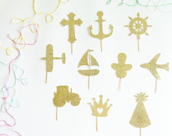 Cross, Airplane, Tractor, Crown, Party Hat, Pacifier, Boat Wheel, Sailboat, Anchor Cupcake Toppers, Select a Design, Color and Quality