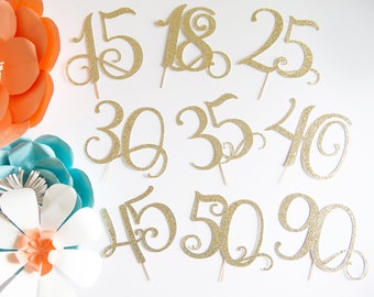 65th Birthday Party Ideas, "65" Cake Topper, Birthday Anniversary, Glitter Decorations, Party Supplies, Age Number and Pick Color