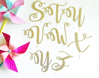 Script Letter V Cake Topper Wedding Last Name for Elopement Birthday Anniversary Glitter Party Decorations Bridal Shower Brunch