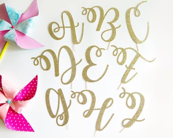 Script A B C D E F G H I Bedazzling Glitter Letter Cake Toppers For Wedding Birthday Party Special Event Personalized Decorations