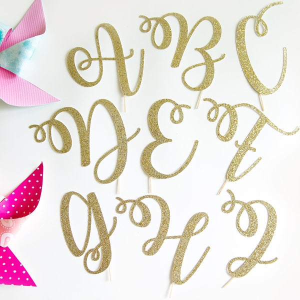 Script A B C D E F G H I Bedazzling Glitter Letter Cake Toppers For Wedding Birthday Party Special Event Personalized Decorations