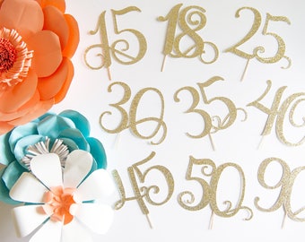 15, 18, 25, 30, 35, 40, 45, 50, 90 Cake Topper, Happy Birthday, Glitter Number and Pick Color, Dessert Decoration, Adult Party, Anniversary