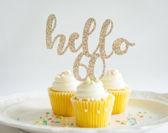 Hello 60, Happy Birthday Cake Topper, Glitter Party Decorations, for Him Her, Age "60", Number and Pick Color for Adult Boy Girl