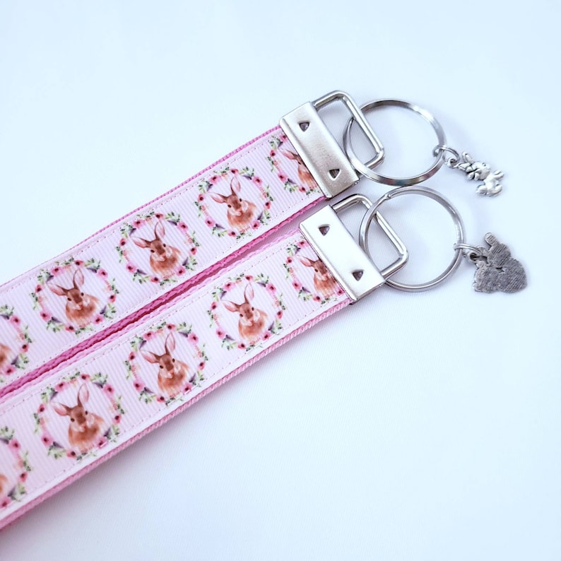 Watercolor Bunny in a Wreath Silver Key Fob Wristlet Bunny Key Chain with Silver charm of your choice