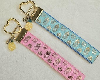 Pineapple Key Fob Wristlet: Golden Foil Print & Charm